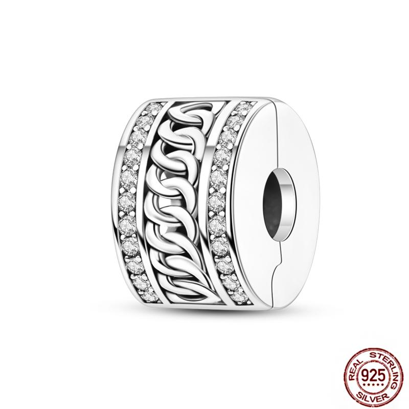 Round 925 Copper Clasp Pave Clip Charms Blue Star Moon Butterfly Slide Safety Chains Spacer Beads Fits Original Bracelet Zircon