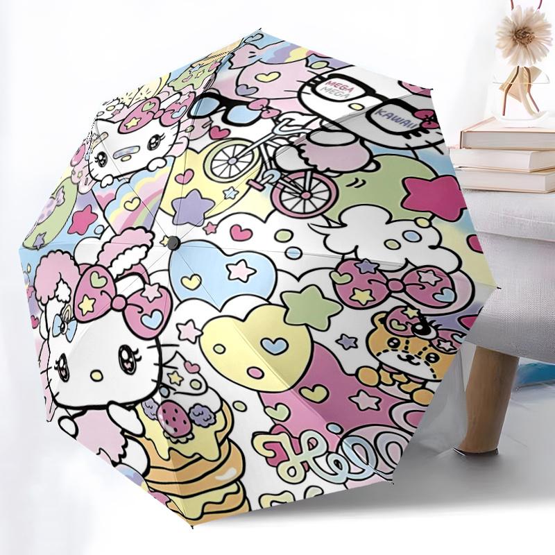 1pc Hello Kitty Mega Kawaii Automatic Folding Umbrella - Portable Tri-Fold Design with 8-Rib Iron Frame, Perfect for Fans, Travel, Everyday Use, and F