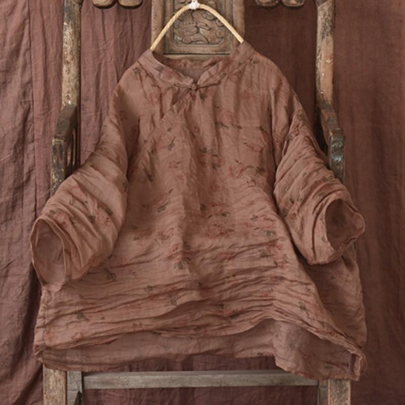 Johnature Женские рубашки рами с цветочным принтом и стойкой, топы в китайском стиле с длинными рукавами, весенняя винтажная женская одежда высокого качества