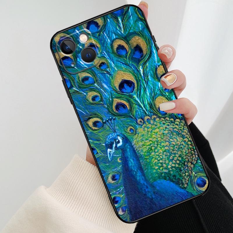 Bird Peacock Feather Phone Case For iPhone 13 14 15 16 Pro Max 11 12 XS XR X Plus Shockproof Bumper Soft Cover