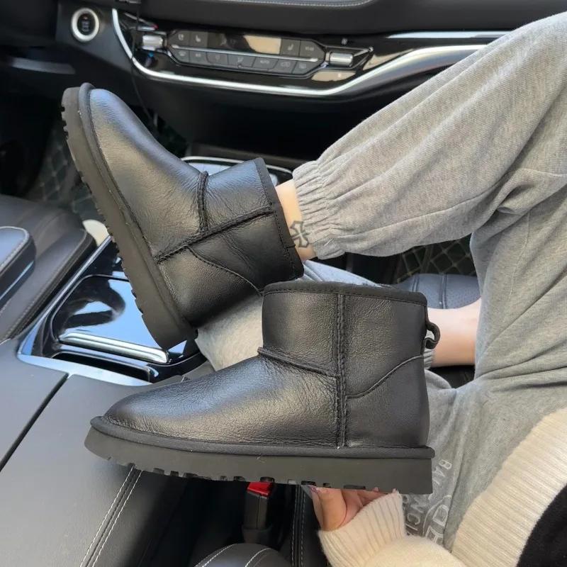 Fashion High Quality Wool Women's Boots, Waterproof and Glossy Leather Snow Boots, Pure Wool Warm High Top Low Top Flat Bottom