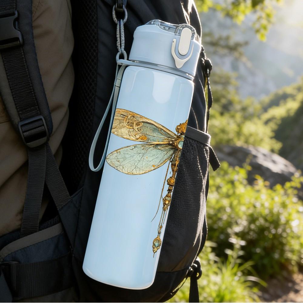 1PC Thin Line Dragonfly Insect Art Print 750ml Color Plastic Sports Water Bottle Leakproof Flip Straw Lid Suitable for Sports Office Home Use