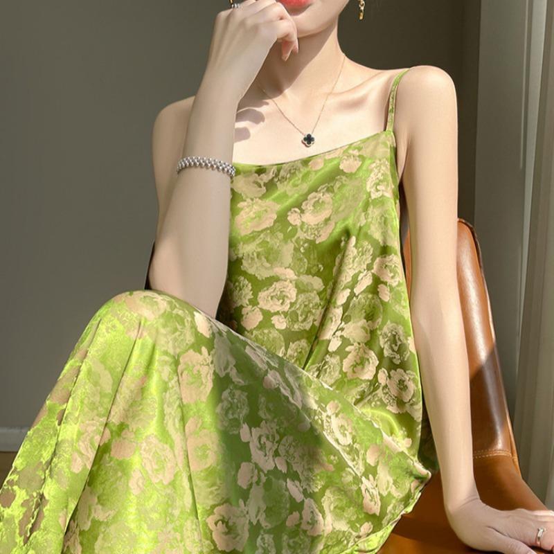 Весна Новое Женское Платье из Ацетатного Сатина с Жакардовым Узором на Воротнике и Бретелях, Без Рукавов, Длинное