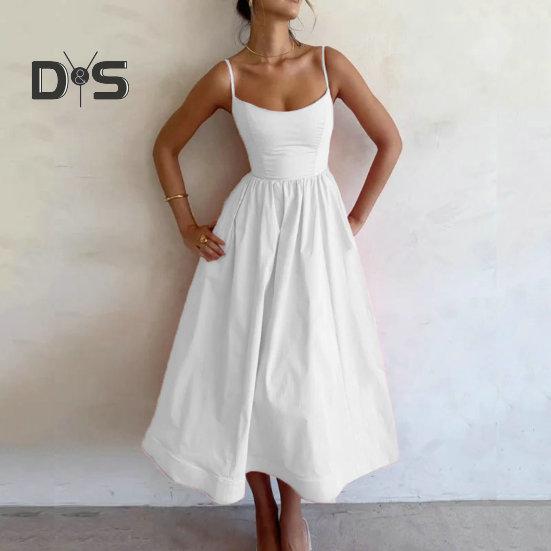 Женское вечернее платье с зауженной талией, без рукавов, с открытой спиной, с глубоким вырезом, плиссированное, А-силуэта, с большим подолом, в стиле принцессы, однотонное платье на бретелях, вечернее, выпускное, миди