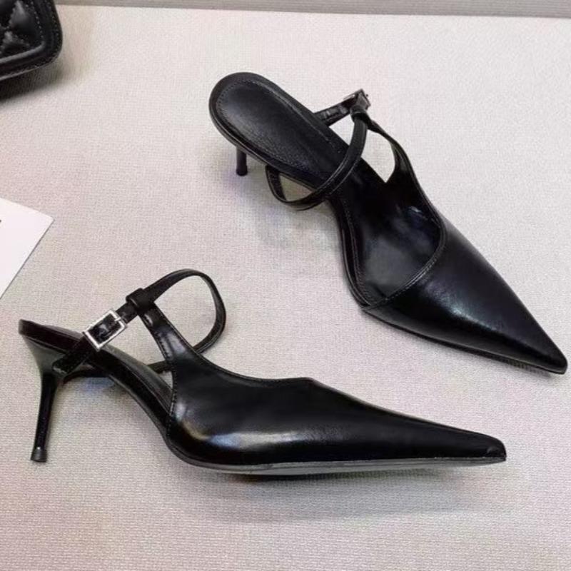 Fashion Temperament French Pointed Toe Shallow Mouth Slim Heel Slippers Women's New Summer Baotou One Strap Non-slip High Heels