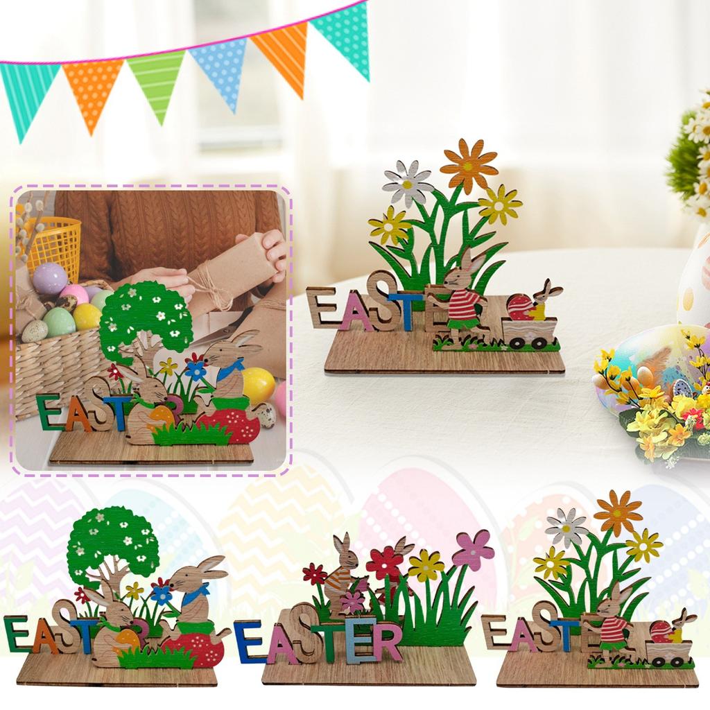 Wooden Easter Bunny Cute Style Home Ornaments Decorative Crafts