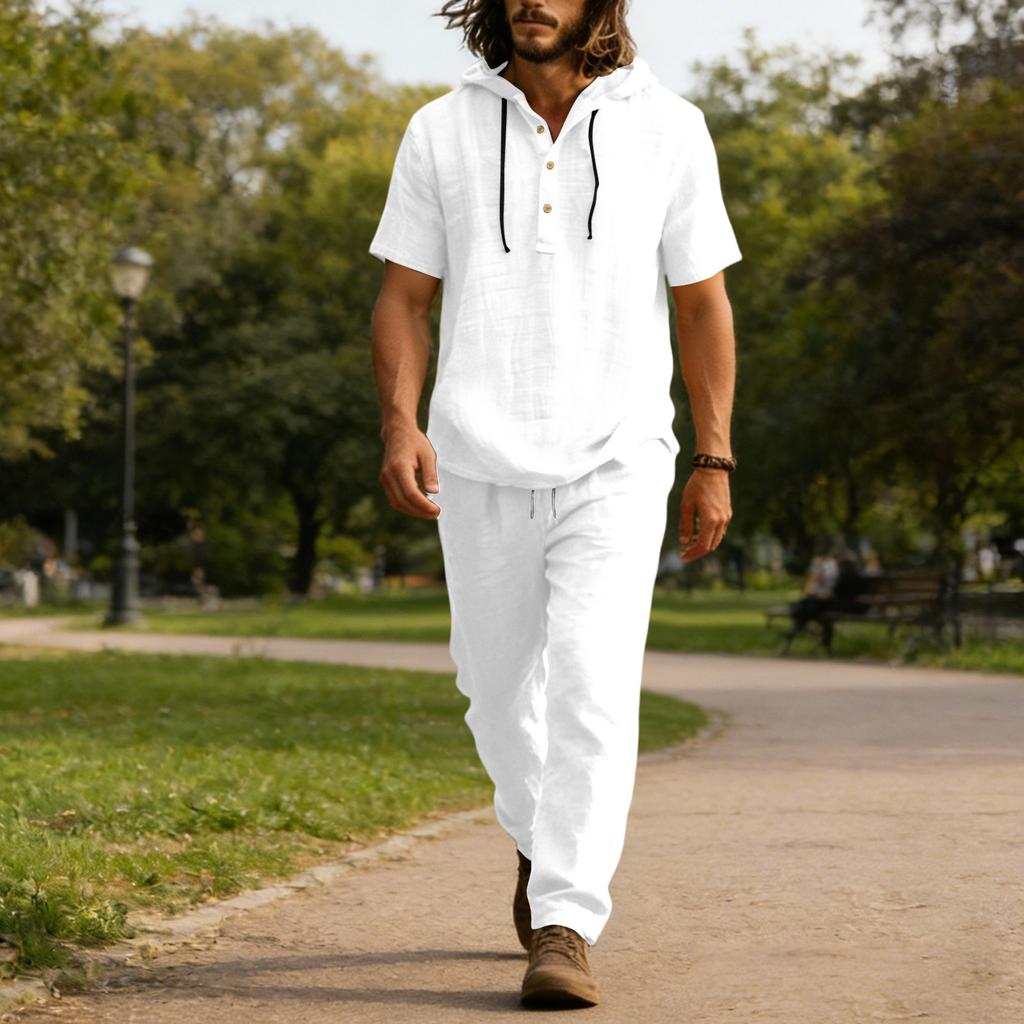Мужской повседневный льняной комплект, Рубашка на пуговицах, Брюки с эластичным поясом и кулиской, Свободные, Удобный комплект из двух предметов