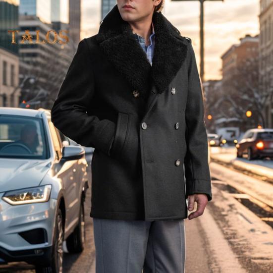 Мужское шерстяное пальто с лацканами, длинный рукав, двубортная куртка, пальто с плюшевыми краями, однотонные карманы, зимнее пальто