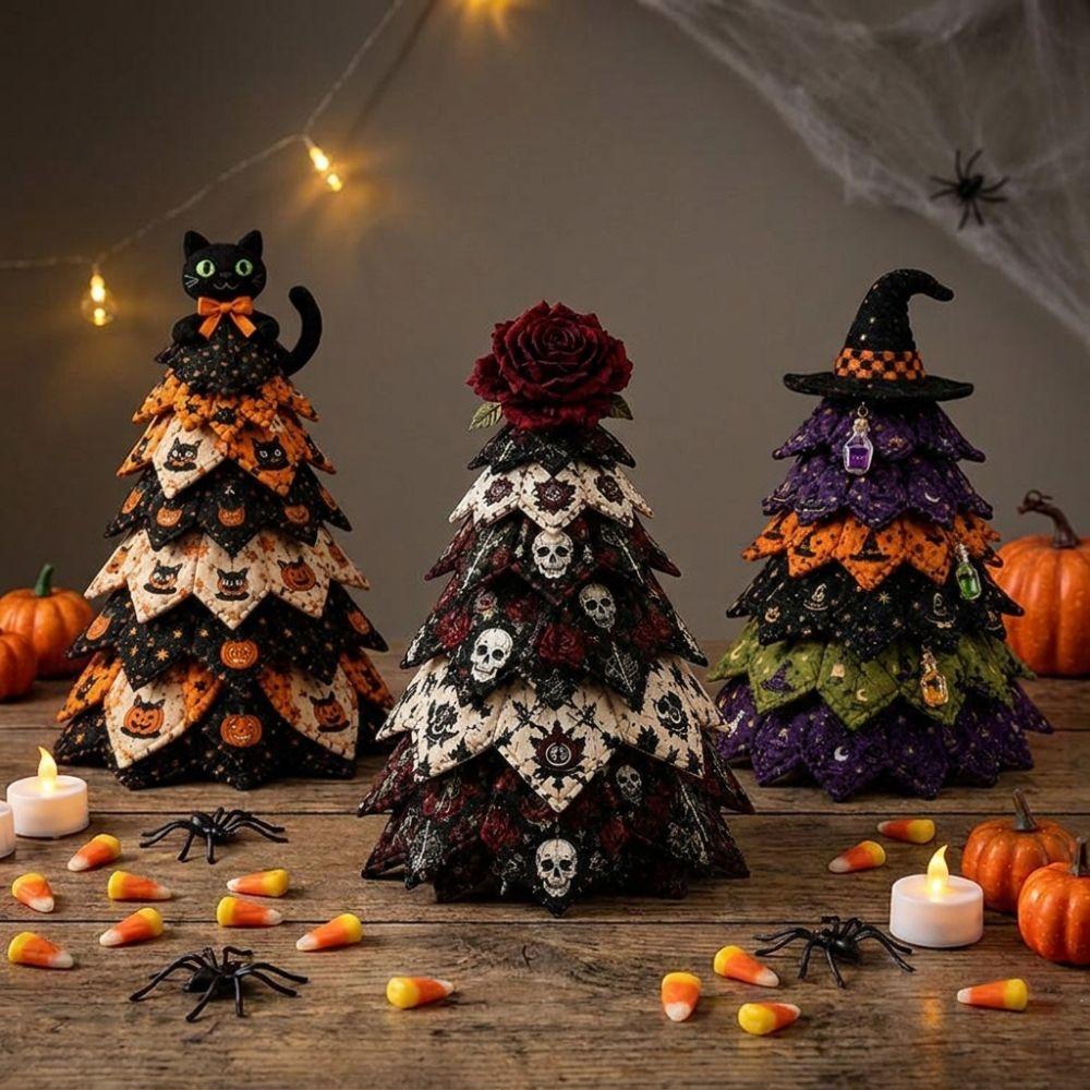 Vintage Halloween Quilted Fabric Tree Kit DIY Patchwork Tabletop Tree Set Mantel Shelf