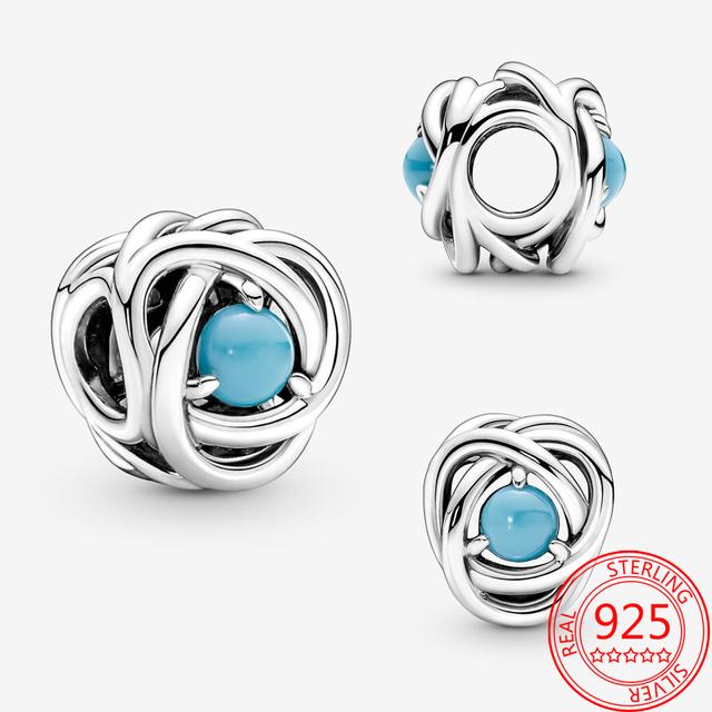 Новый S925 стерлингового серебра шарм подходит модный браслет мартовский камень рождения ажурный вечность круг шарм DIY День памяти ювелирные изделия подарок