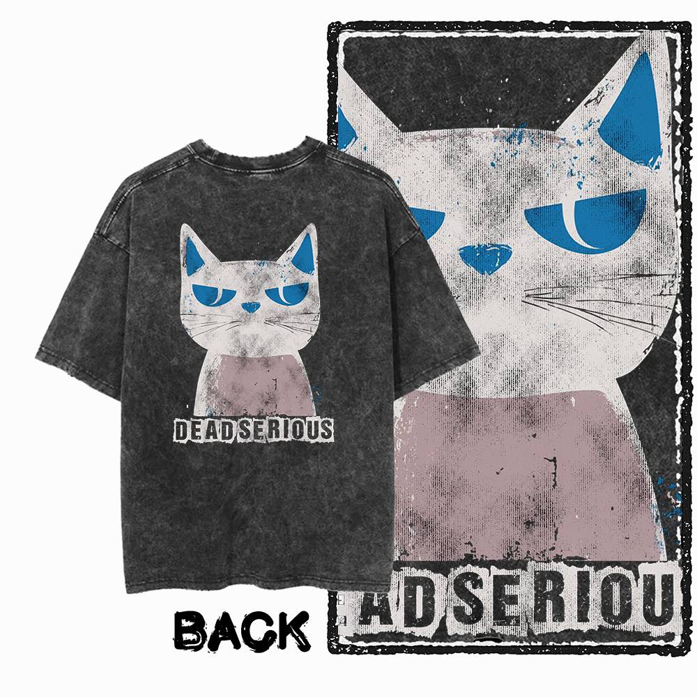 G Back Print Acid Washed Cotton Streetwear Cat Graphic Unisex Tshirt Big Size Cool Vintage Oneck Unisexs Tee Tshirt