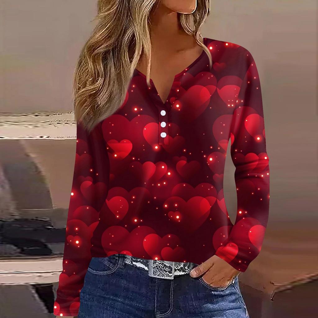 Женская футболка с принтом ко Дню святого Валентина, туника с длинным рукавом и пуговицами, повседневная мода на выходные, базовый топ с V-образным вырезом