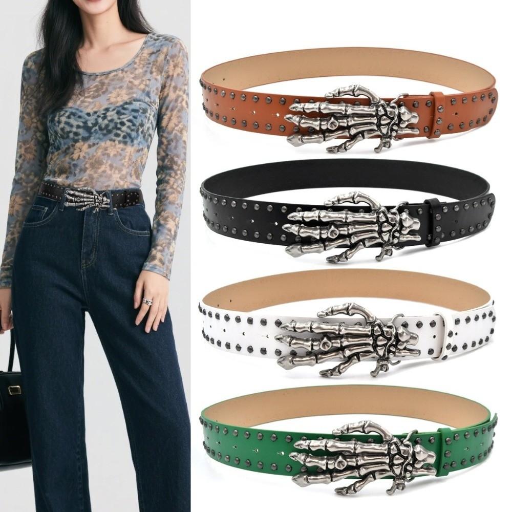 Wide Black Rivet Belt Cool Skeleton Claw Belt Vintage Skull Waistband Festival