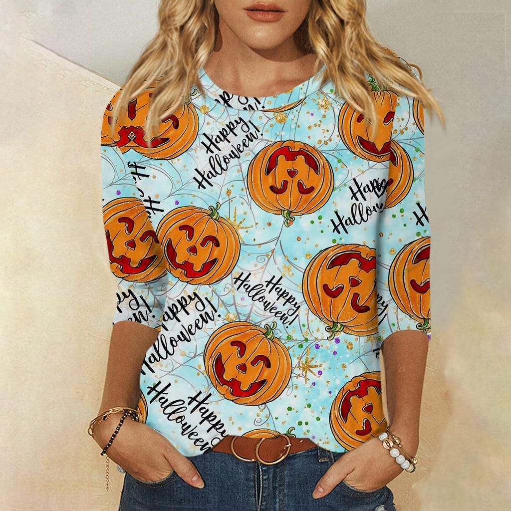 Женская модная повседневная свободная футболка с круглым вырезом и рукавами 3/4 на Хэллоуин, женский топ