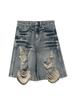 American Street Washed Blue Denim Shorts Y2k E-Girl High Waist Loose Wide Leg Jeans Fashion Hole Straight Knee Length Pants