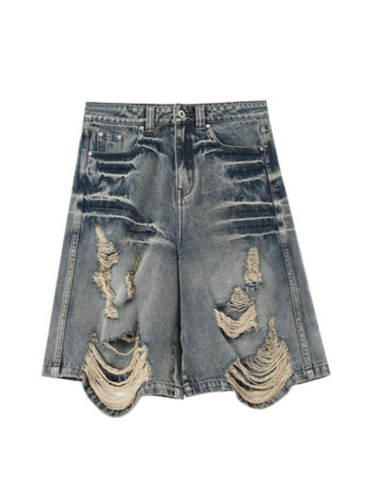 American Street Washed Blue Denim Shorts Y2k E-Girl High Waist Loose Wide Leg Jeans Fashion Hole Straight Knee Length Pants