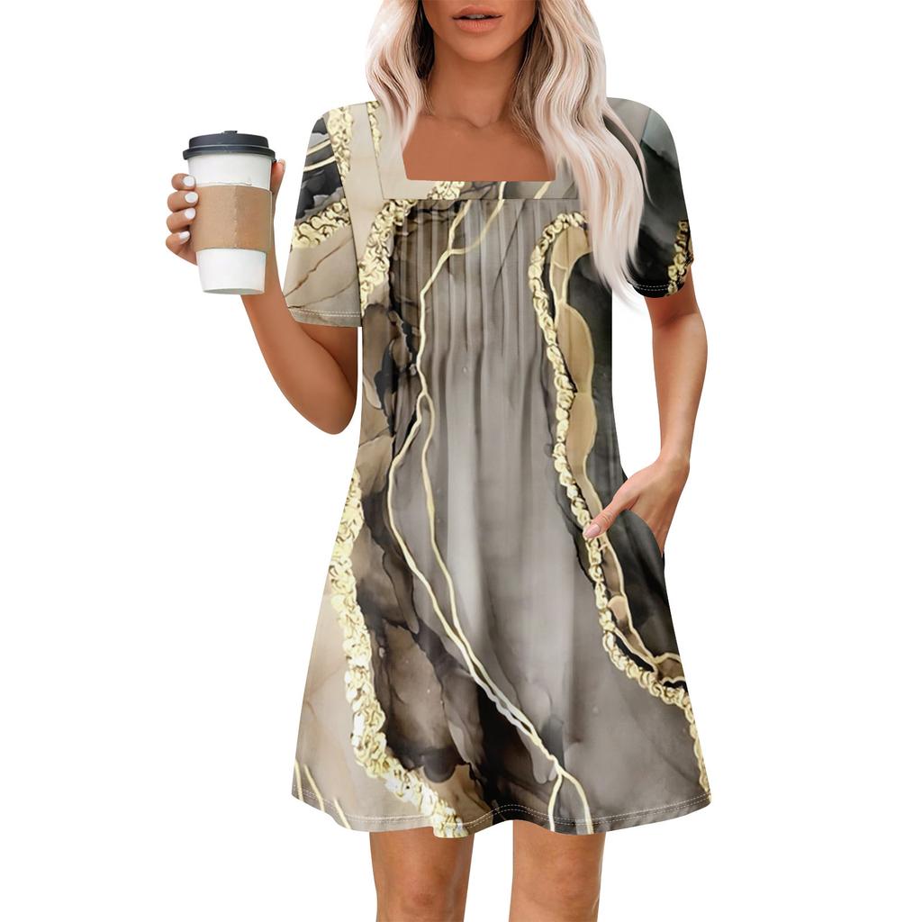 Женские летние повседневные платья с квадратным вырезом, плиссировкой спереди и карманом, с короткими рукавами и принтом