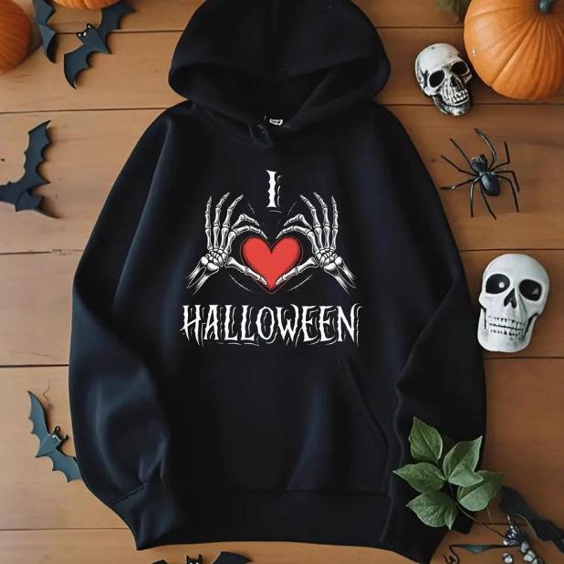 Ladies Spring Autumn Casual Hooded Long Sleeve Big Pocket Halloween Skull Bones Printed Pullover Hoodies Sweatshirt Top