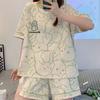 Новая летняя женская пижама из чистого хлопка, с коротким рукавом, с круглым вырезом, с мультяшным принтом, тонкая, домашняя одежда, можно носить на улице, комплект