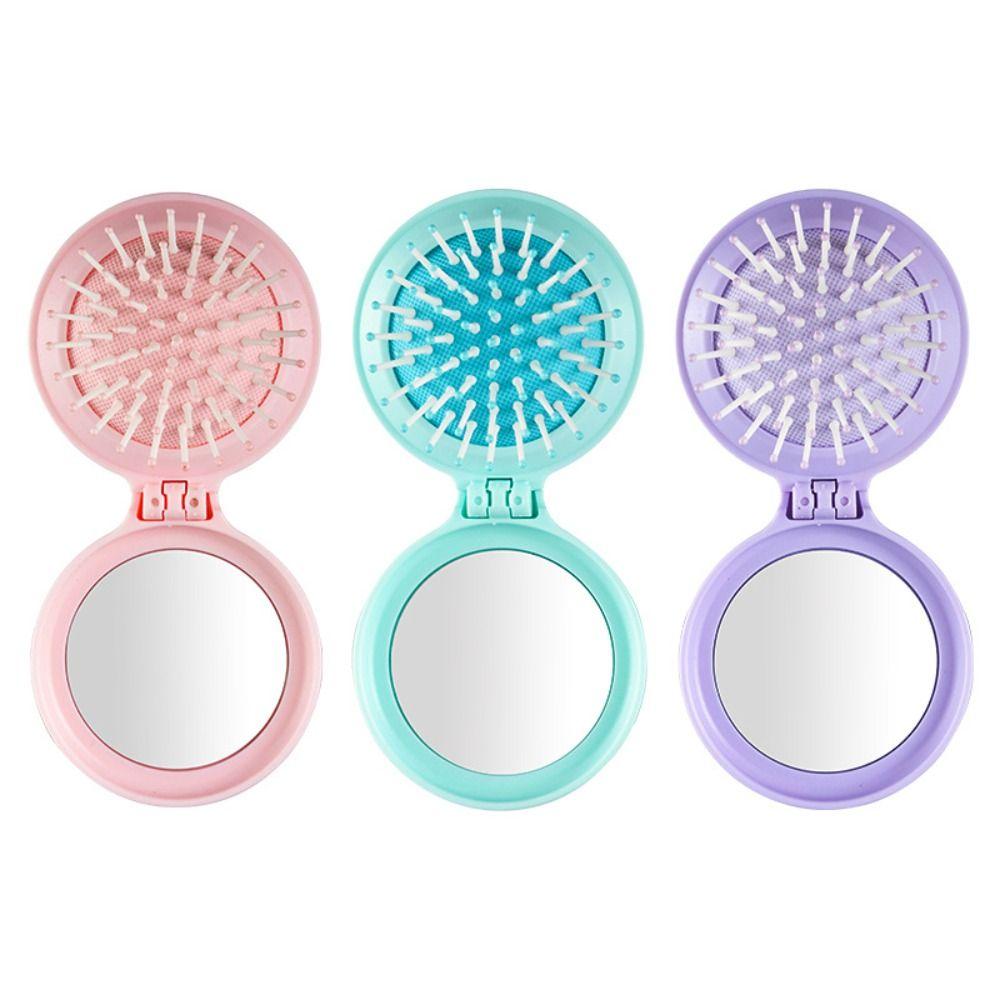 4Pcs Mini Folding Air Bag Comb Dual Use Pocket Hair Brush Makeup Mirror with Comb  Girl Women