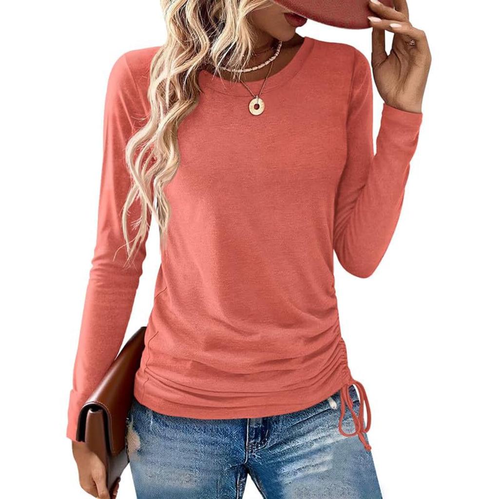 Women's Fashion Round Neck Solid Color Long Sleeve Side Drawstring Loose Casual Hoodie T-shirt Top