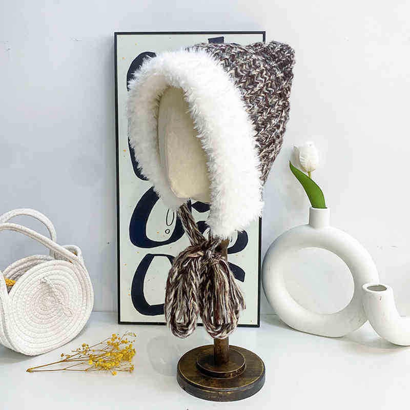 Cute Plush Knitted Hat with Cat Ears Big Head Circumference Face Showing Small Colorful Thick Woolen Contrasting Color Ear Protection Hat