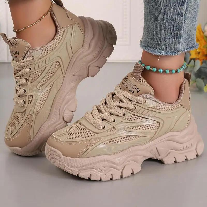 Spring Summer Purple Women Breathable Comfortable Thick Sole Casual Sneakers Fashion Hollow Mesh Lace Up Female Wedges Shoes