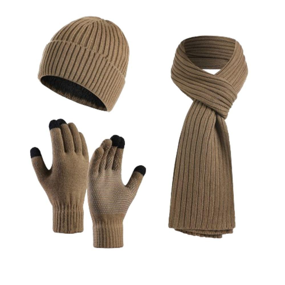 3 In 1 Knitted Cap Solid Color Touchscreen Gloves Simple Winter Cable Beanie Hat for 3Pcs/Set Men