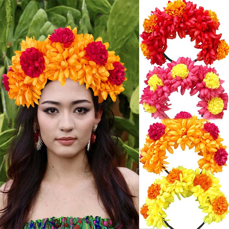 1Pc Day Of The Dead Artificial Marigold Hair Band Faux Chrysanthemum Headband Halloween Festival Party Flower Crown For Women