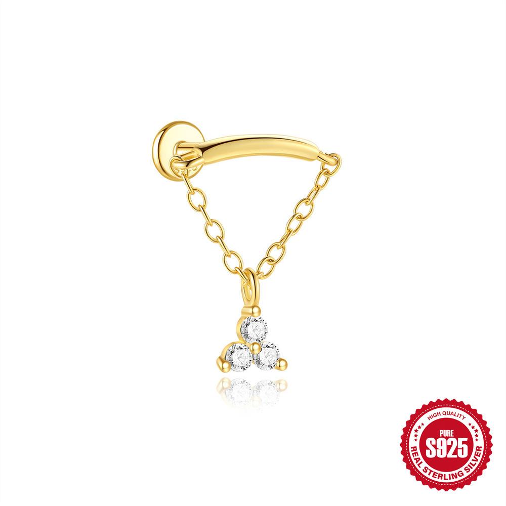 Серьги-пусеты из стерлингового серебра S925 с бриллиантовой бахромой, цепочкой, плоской головкой, резьбой, для пирсинга хряща уха, персонализированные, креативные, в виде октаграммы, 16G