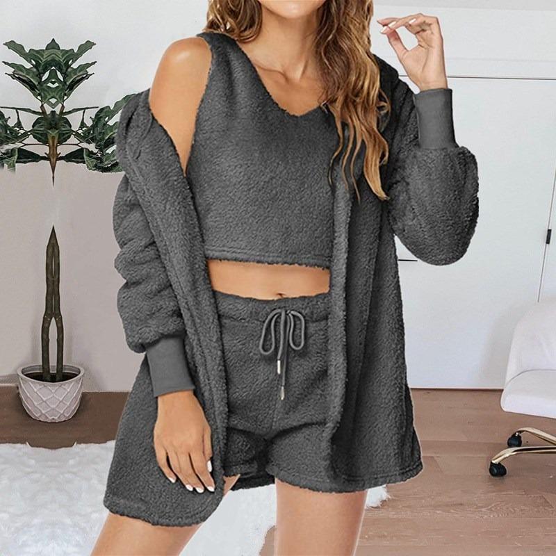 Home Wear Long Sleeved Plush Casual Three Piece Set Jacket Vest Shorts Sports Suit