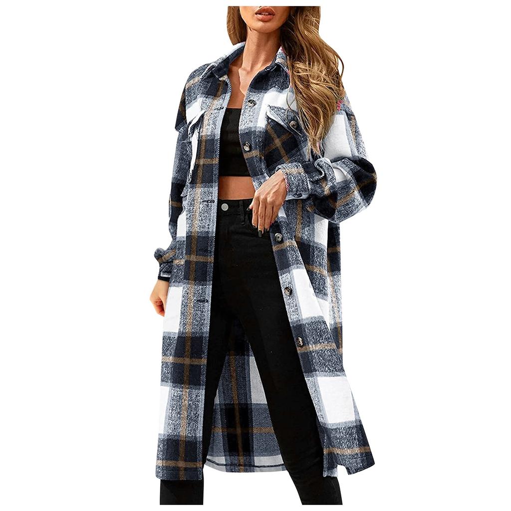 Fashion Women's Casual Loose Grinding Wool Plush Plaid Long-sleeved Jacket Overcoat