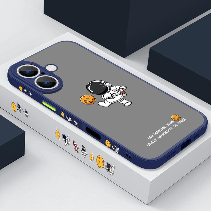 Матовый прозрачный чехол с рисунком лунного астронавта для iPhone 16 Pro Max 15 Plus 14 13 Pro 12 11 XR, защитный ремешок для объектива, противоударный, мягкий, тонкий чехол для телефона