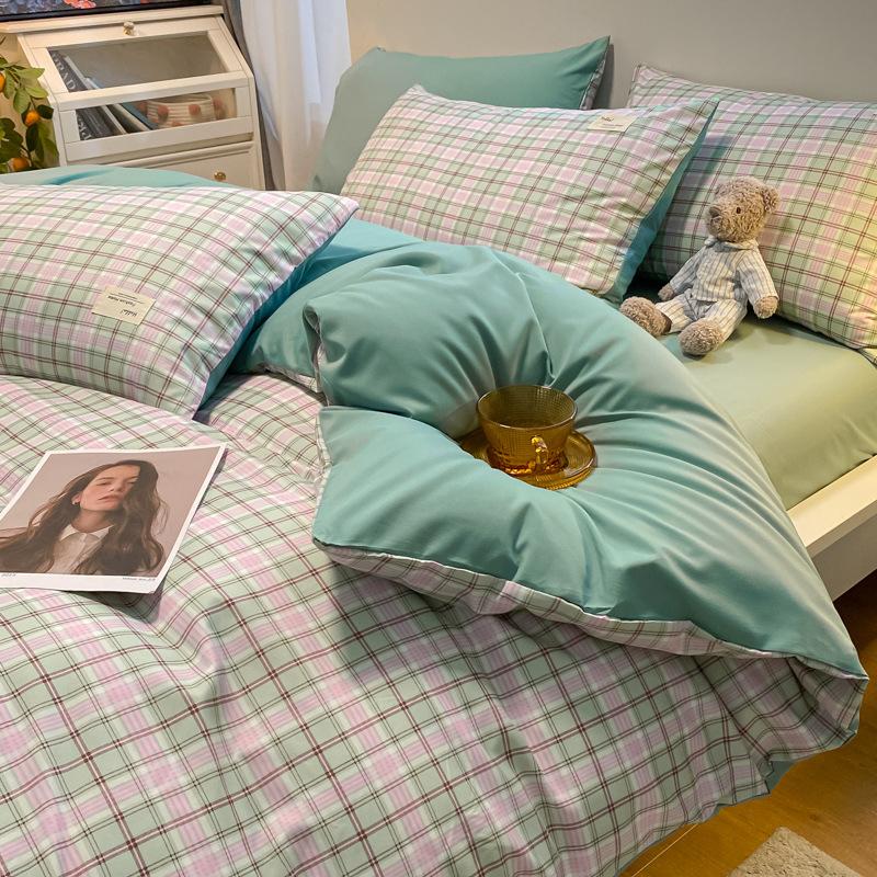 Простыня в клетку из четырех предметов и пододеяльник в японском стиле в скандинавском стиле, набор из трех предметов из стираного хлопка с начесом
