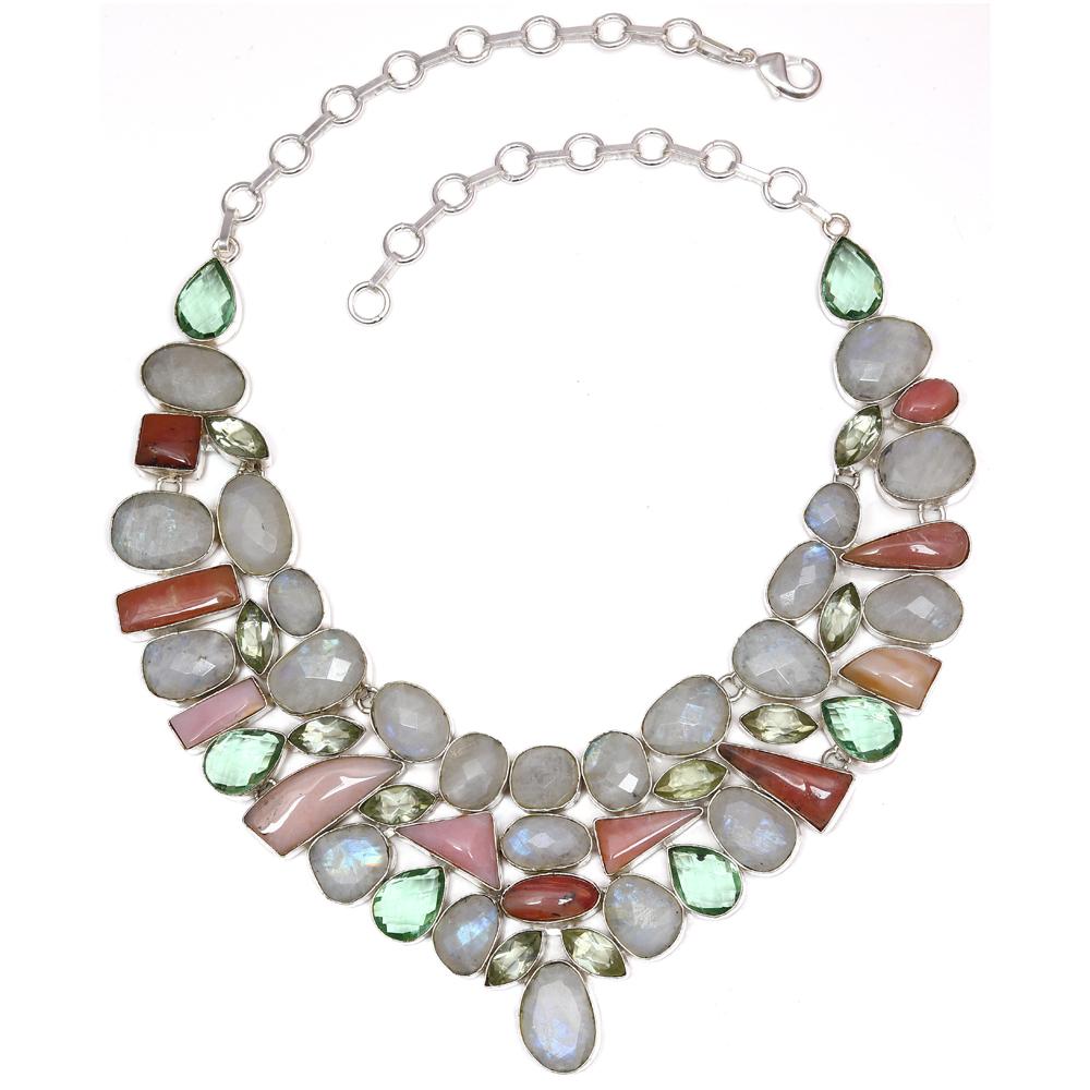 Комплект украшений из радужного лунного камня и розового опала 16-18 дюймов