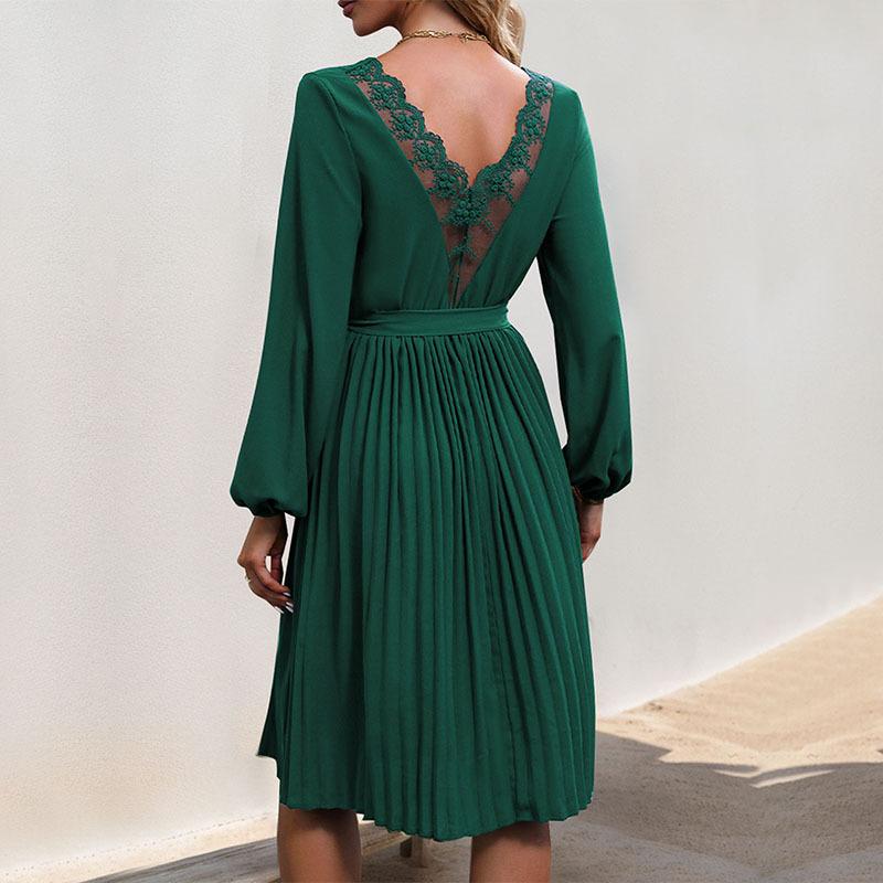 Весенне-осенняя юбка с длинным рукавом и v-образным вырезом, женское плиссированное кружевное платье с завязками