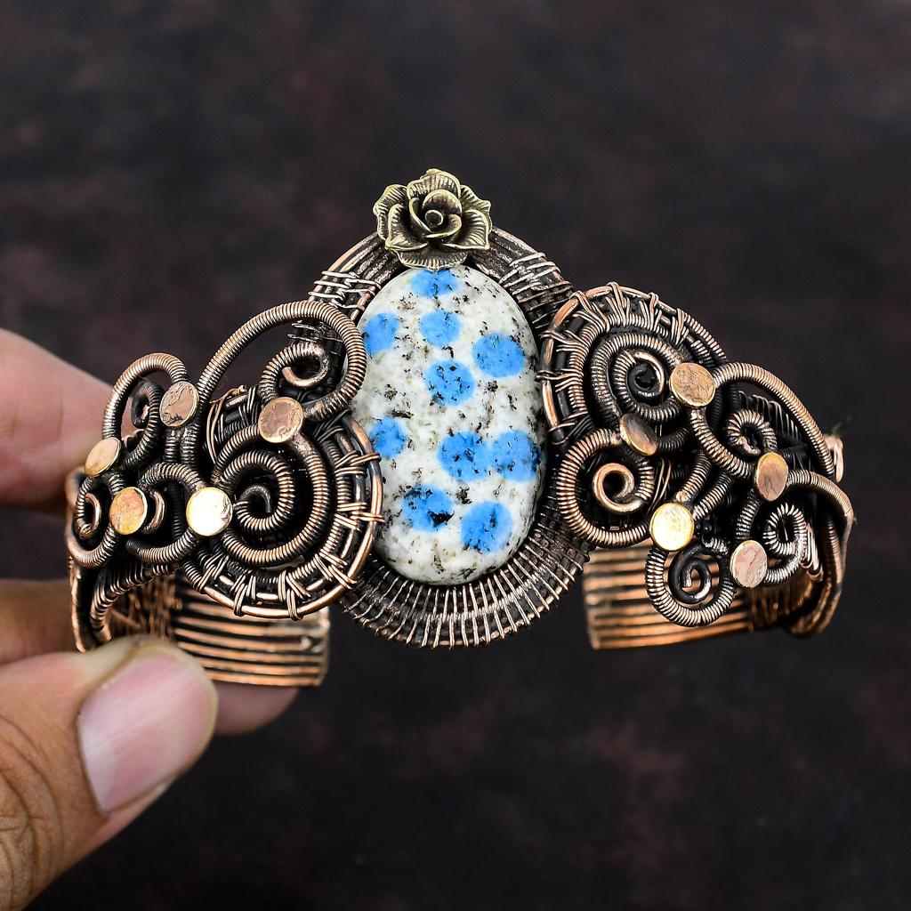 K2 Браслет из яшмы Медная проволока Браслет-манжета Браслет-манжета Драгоценный камень Медные украшения Регулируемые манжеты Браслет ручной работы в стиле бохо Подарок для него Цветочный браслет