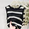 Майки женские летние 2025 года без рукавов с круглым вырезом в полоску черные трикотажные майки женские топы JJ297