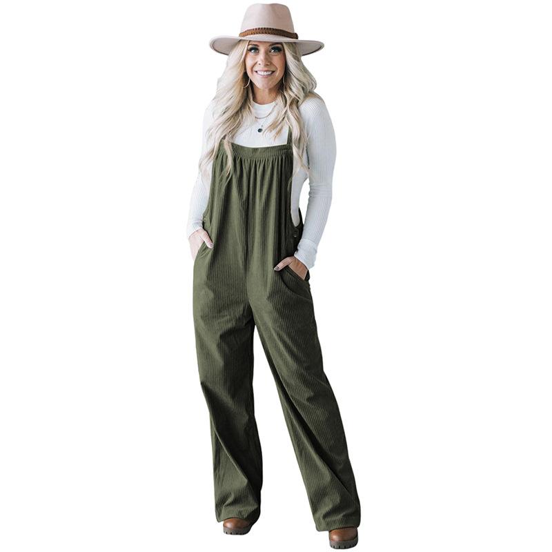 Autumn Solid Color Multi-pocket Overalls Women's European and American Simple and Versatile Corduroy Jumpsuit Women