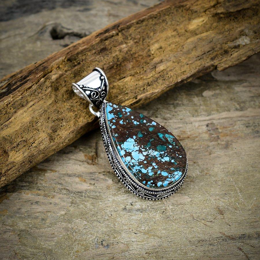 Tibetan Turquoise Gemstone 925 Sterling Silver Jewelry Pendant 2.21" M-28