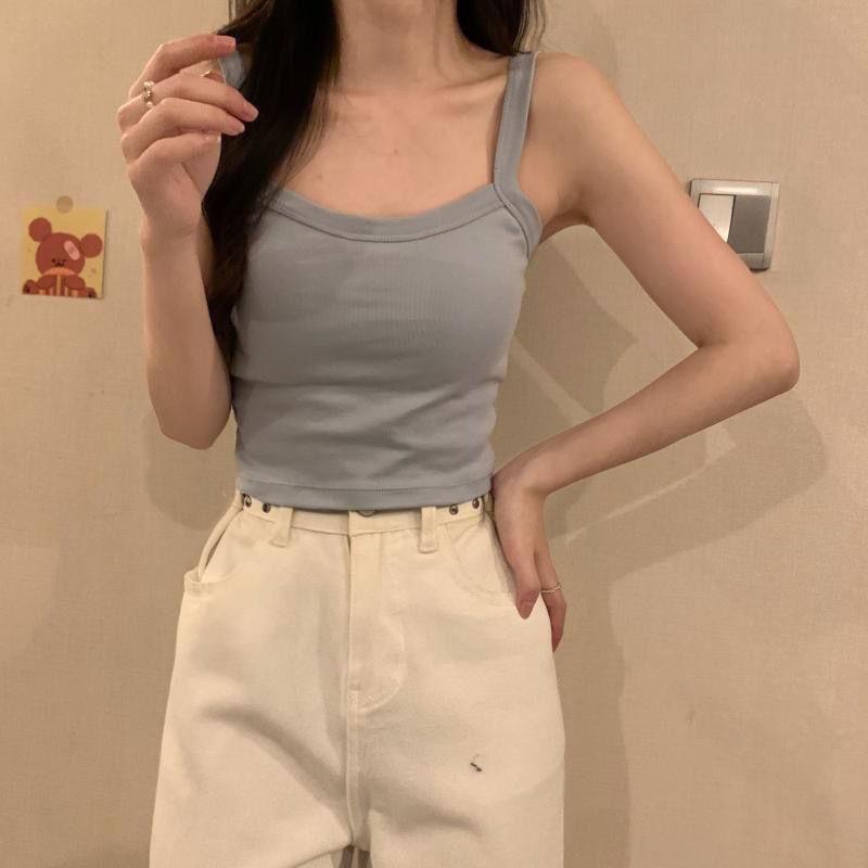 WTEMPO Летние майки-майки, повседневные топы, женские топы со встроенным бюстгальтером, майки для женщин, сплошной цвет, женский корейский стиль