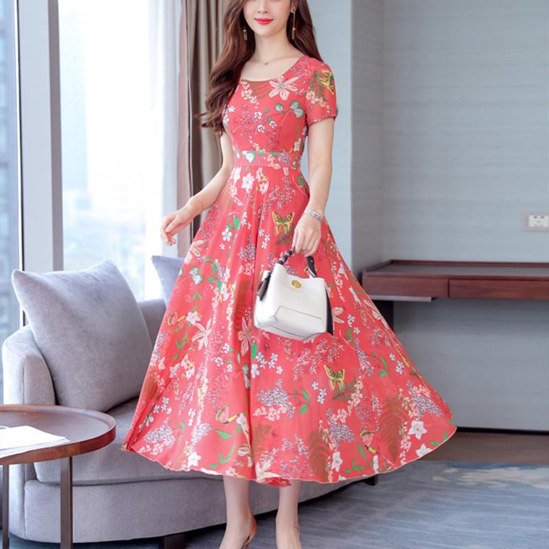 Женское платье длиной до колена с короткими рукавами, цветочным принтом, круглым вырезом и приталенным кроем, лето 2021 г.