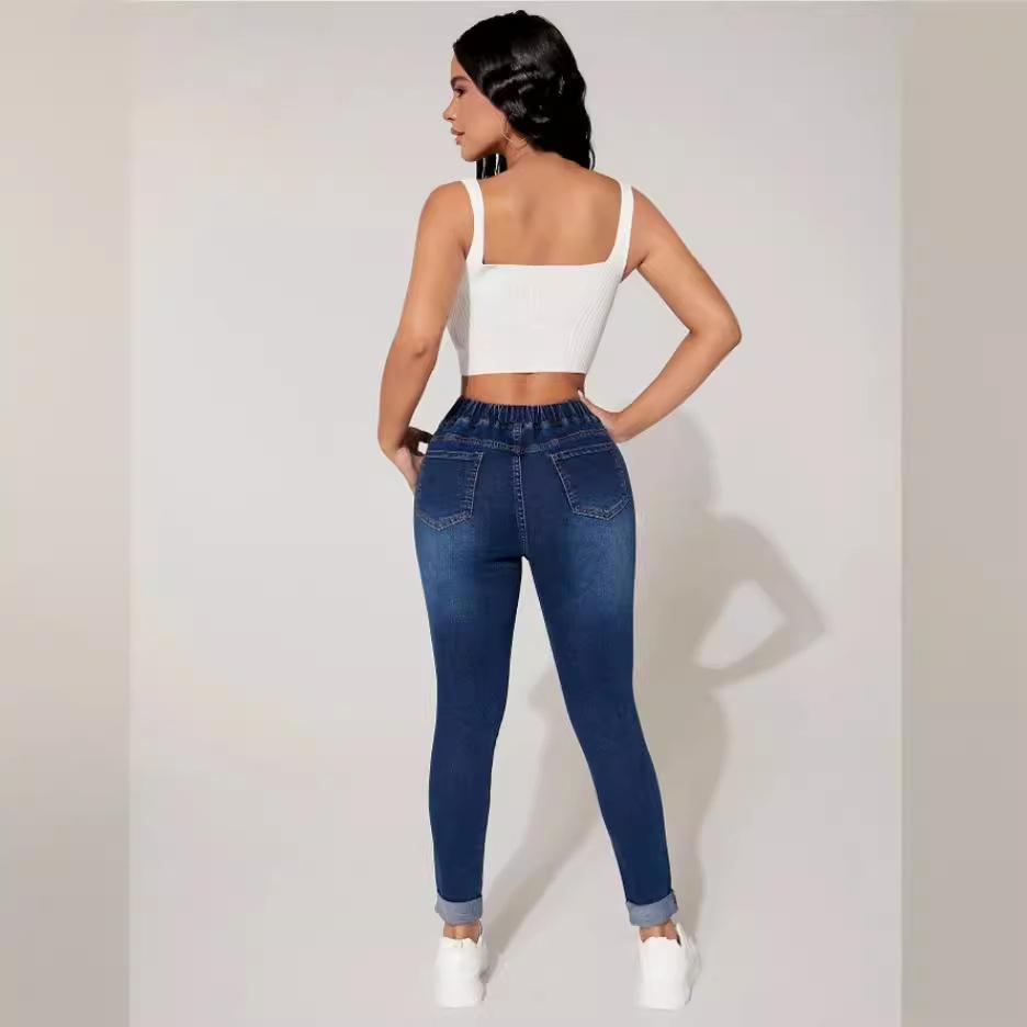 GMXIA Women's Nine-point Jeans Drawstring Elasticated Waist High Spring Small Feet Jeans