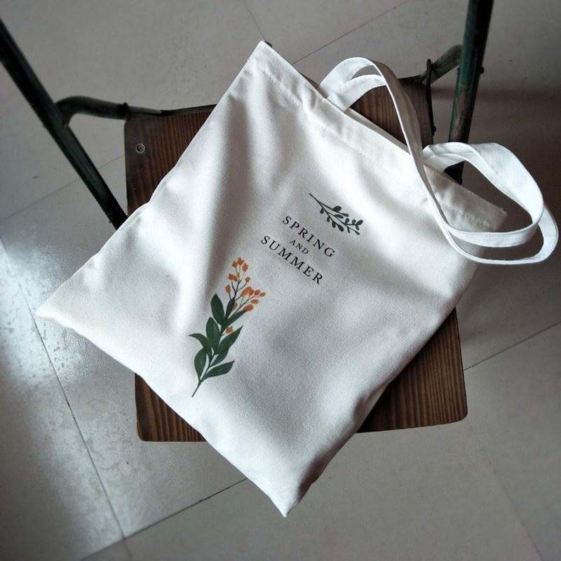 Women's Casual Canvas Shoulder Bag Flowers Printing Shopping Bag Cotton Cloth Lady Handbag Eco Reusable Large Tote Shopper Bags KTB