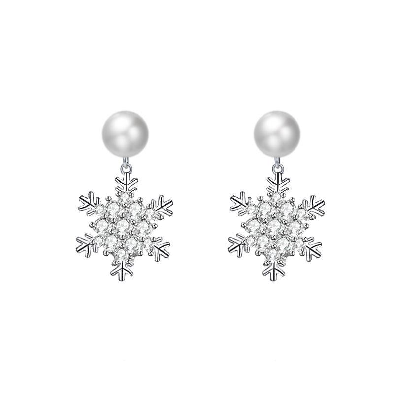 Temperament Inlaid Zircon Snowflake Artificial Pearl Drop Earrings For Women