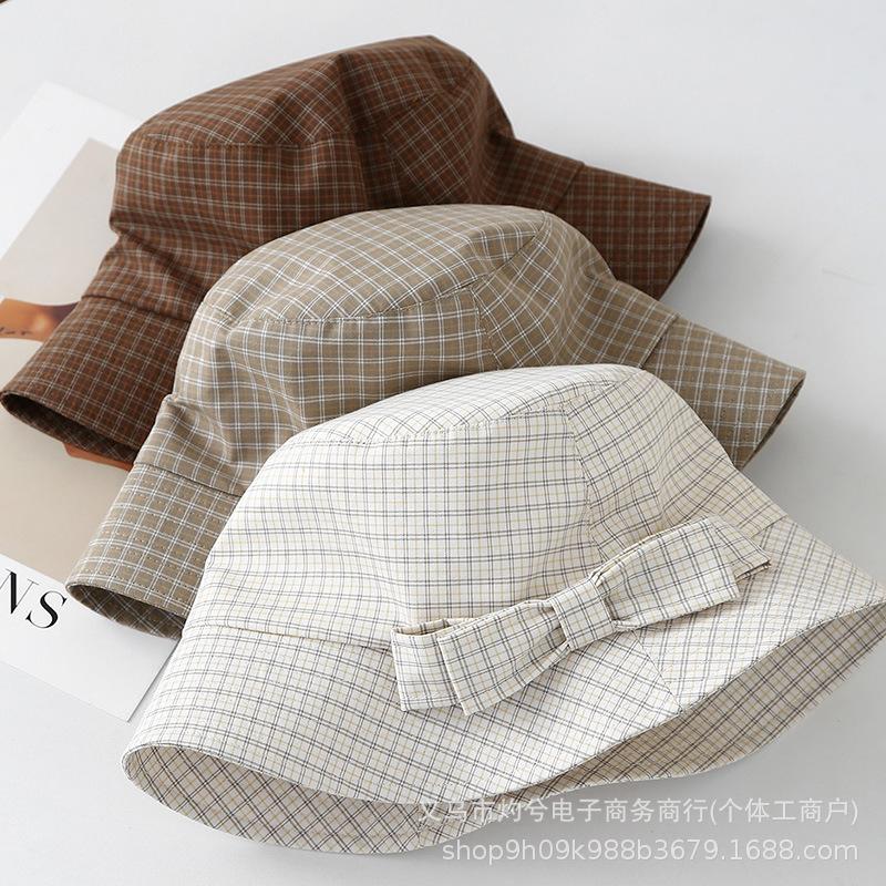 Bucket hat bow tie plaid bucket hat spring summer autumn windproof versatile adult women's hat classic on the new