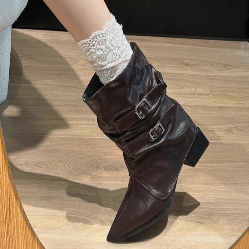 Ботильоны с острым носком, с пряжкой на ремне и блочным каблуком, женские, модные весенне-осенние, плиссированные, облегающие, средней высоты, с голенищем-гармошкой