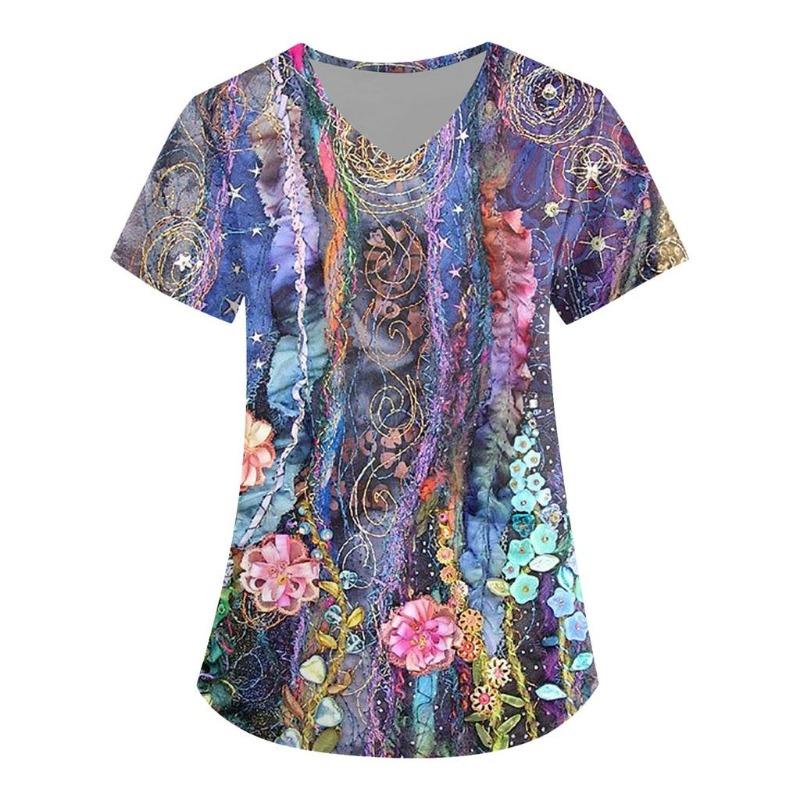 Plus Size Flower Printed Scrub Working Uniform Tops for Women Cross V-Neck Short Sleeve Fun T-Shirts Workwear Tee with Pockets
