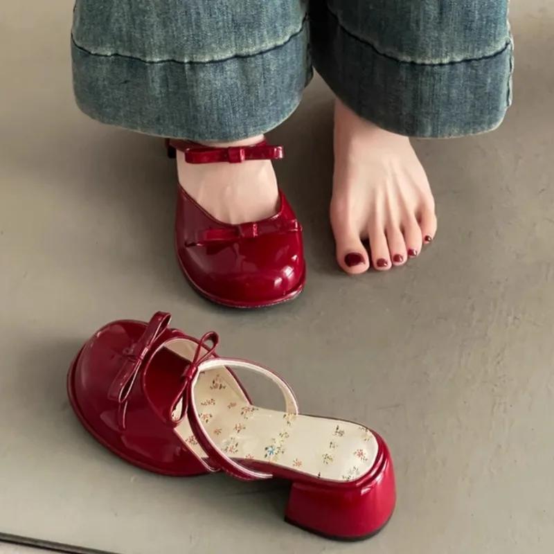 Модные туфли-мюли на блочном каблуке с бантом, женские для улицы, лето 2025, новые, милые и универсальные, модные цветочные сандалии