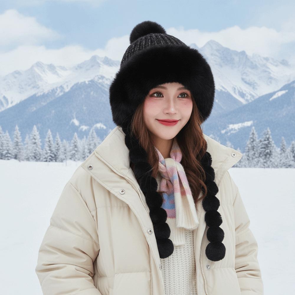 Fleece Lined Fleece Knit Beanie Striped Knit Earflap Winter Cap Pompom Braids Hat Skiing